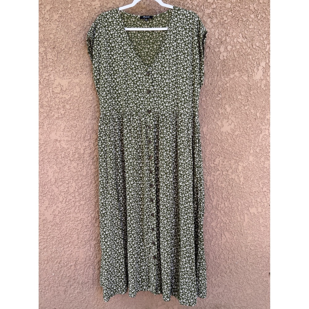 Madewell Button Front Midi Dress XL Green Floral Viscose Cottagecore Boho Pocket
